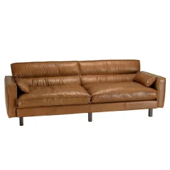 Macabane Canapé 3 places vintage en cuir marron camel, pieds en bois GASTON New