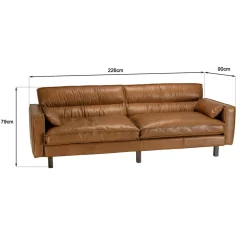 Macabane Canapé 3 places vintage en cuir marron camel, pieds en bois GASTON New