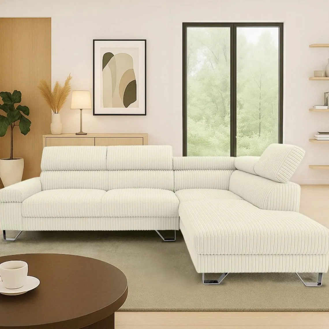 3S. x Home Canapé d'angle à droite avec têtières relevables Quentin Velours côtelé Beige