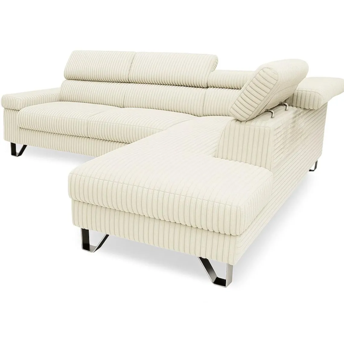 3S. x Home Canapé d'angle à droite avec têtières relevables Quentin Velours côtelé Beige