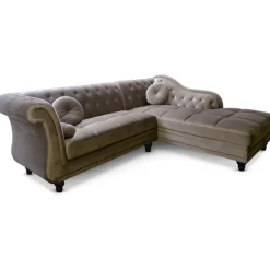 3S. x Home Canapé d'angle Brittish Velours Taupe style Chesterfield Best