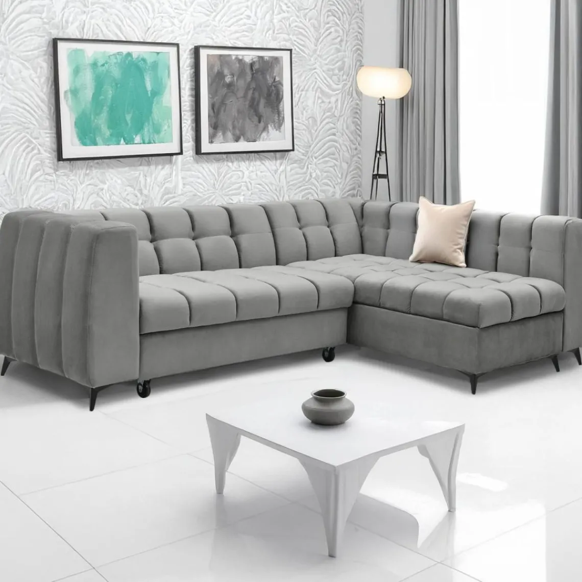 3S. x Home Canapé d'angle convertible Chessy Velours Gris New