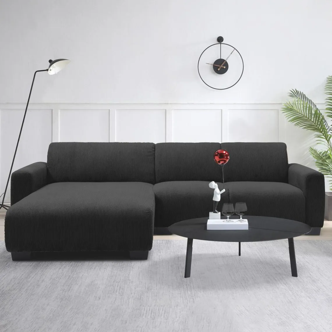 3S. x Home Canapé d'angle moderne Wallis Velours côtelé Noir Online