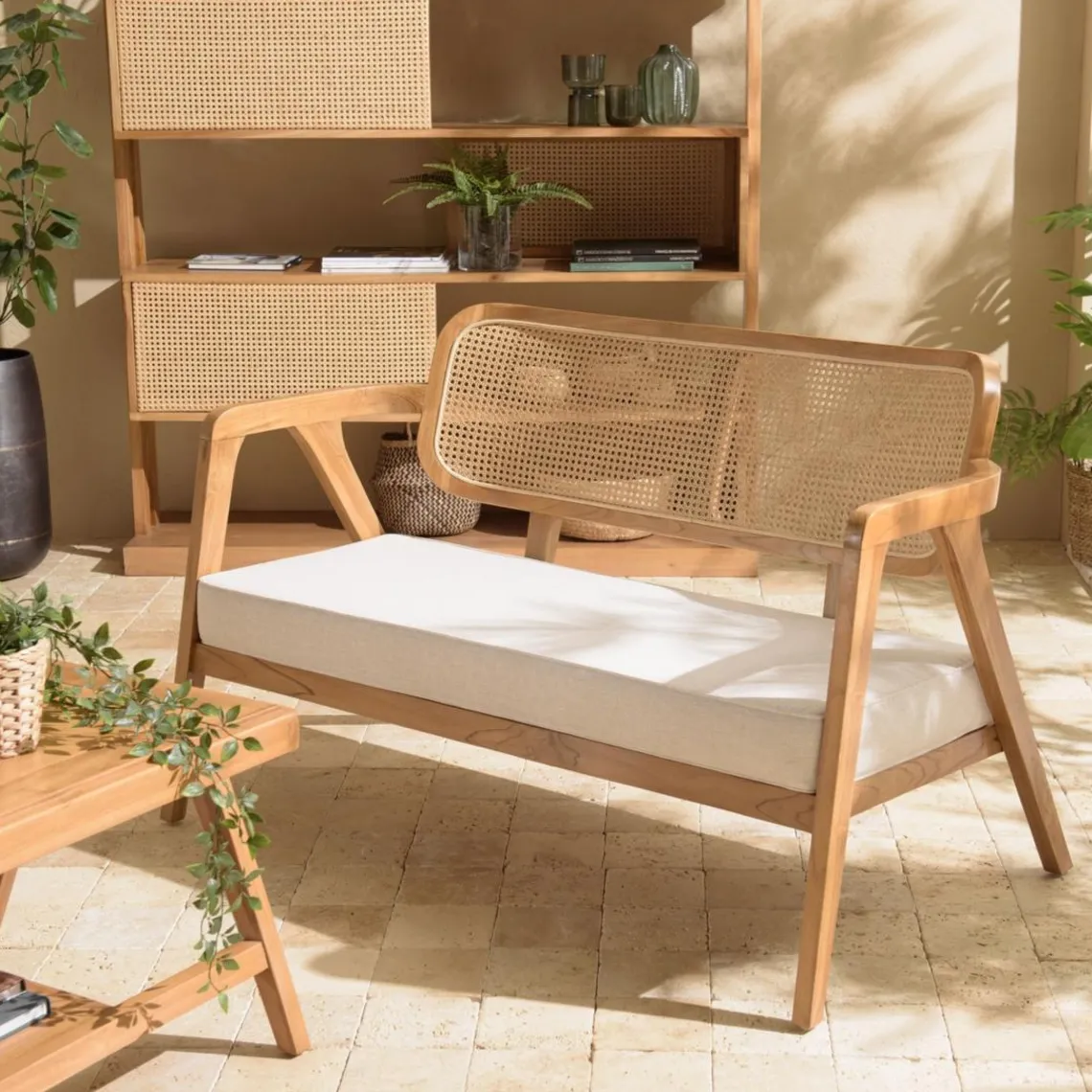 Macabane Canapé FLORES 2 places en teck avecdossier cannage naturel et coussin gris WILL Marron Best