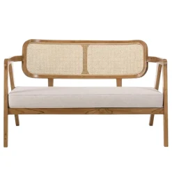 Macabane Canapé FLORES 2 places en teck avecdossier cannage naturel et coussin gris WILL Marron Best