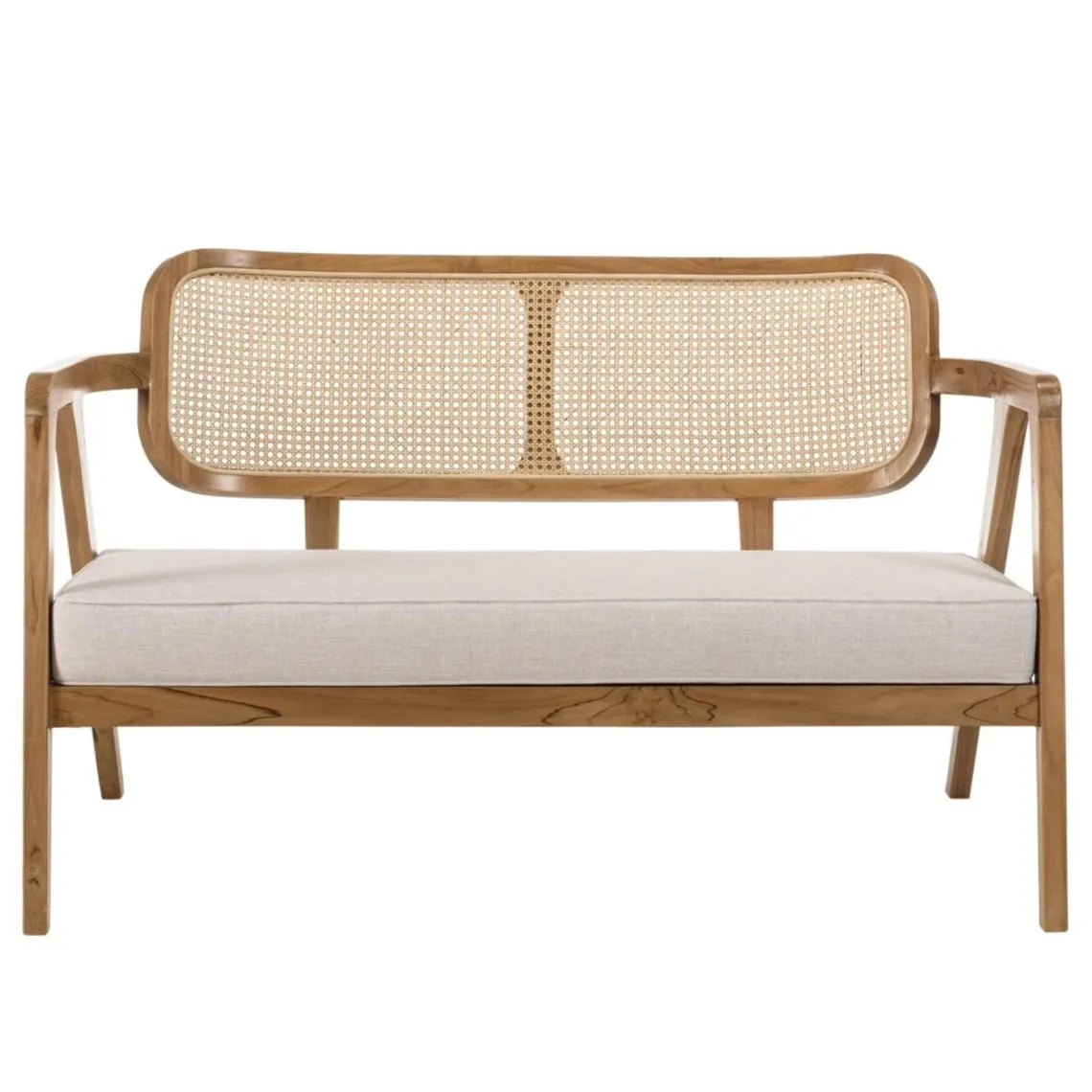 Macabane Canapé FLORES 2 places en teck avecdossier cannage naturel et coussin gris WILL Marron Best