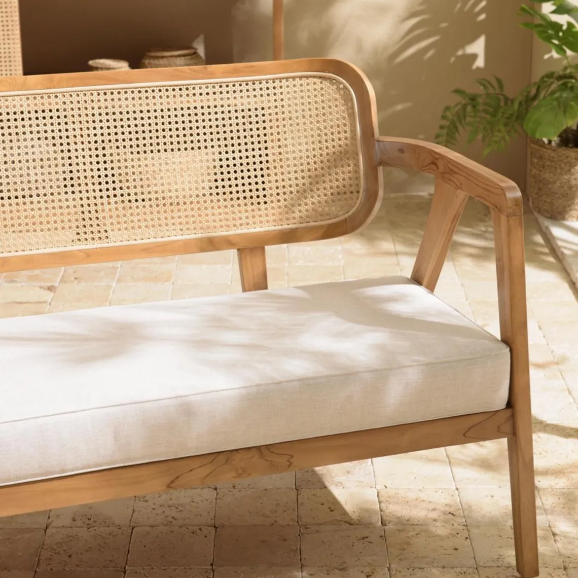 Macabane Canapé FLORES 2 places en teck avecdossier cannage naturel et coussin gris WILL Marron Best