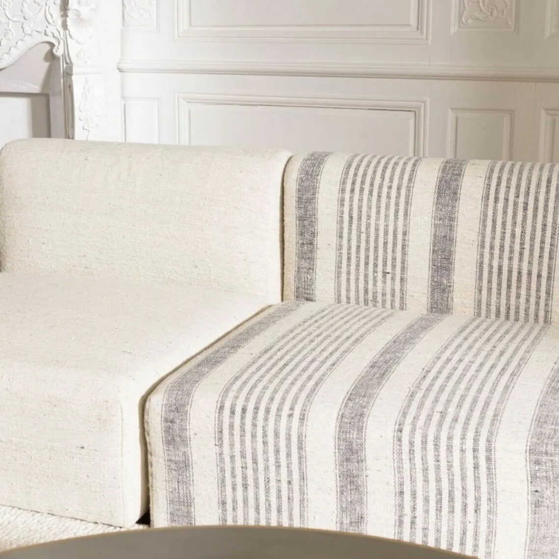 Macabane Canapé modulable 6 pièces bois de manguier et revetement coton GLORIA gris et beige Outlet