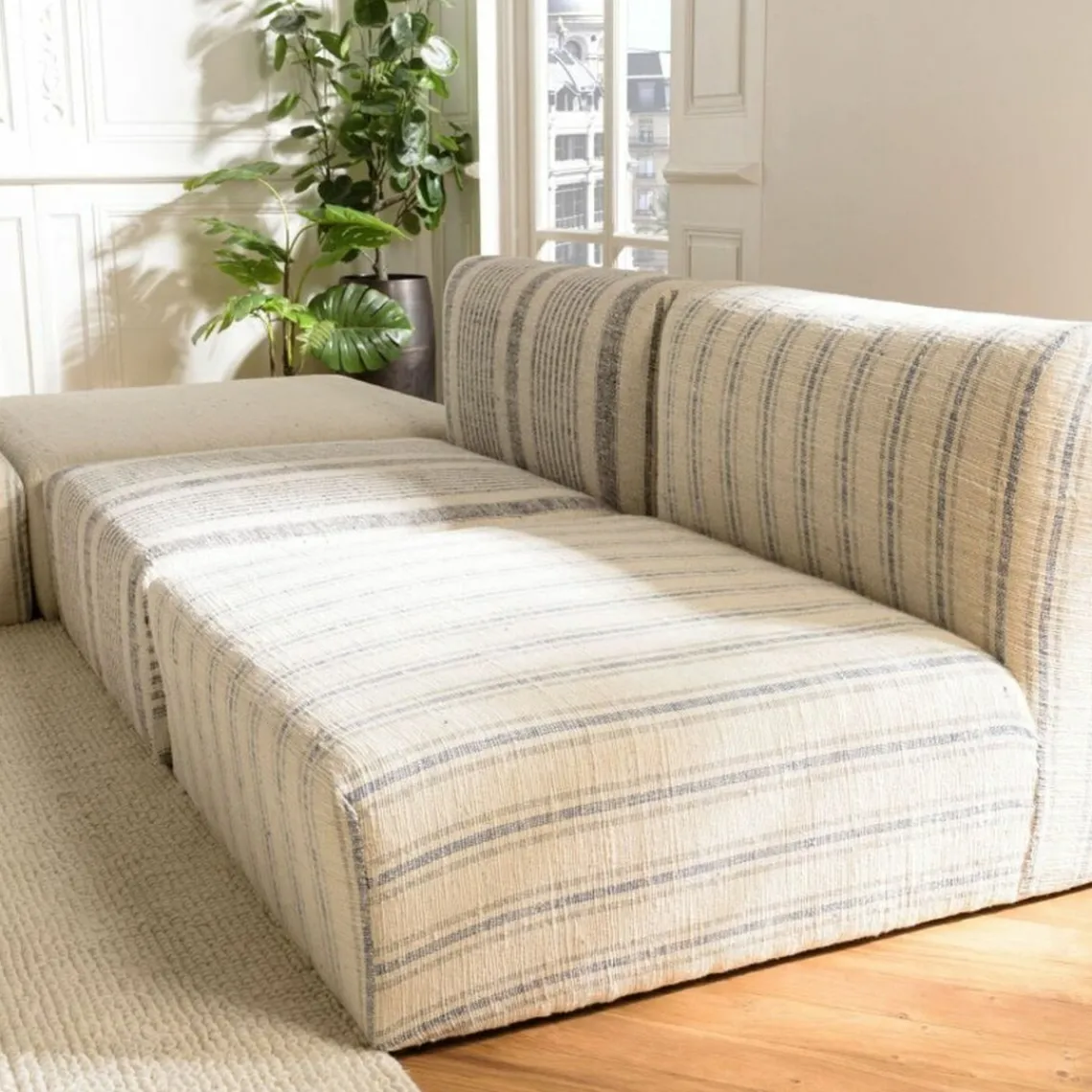 Macabane Canapé modulable 6 pièces bois de manguier et revetement coton GLORIA gris et beige Outlet
