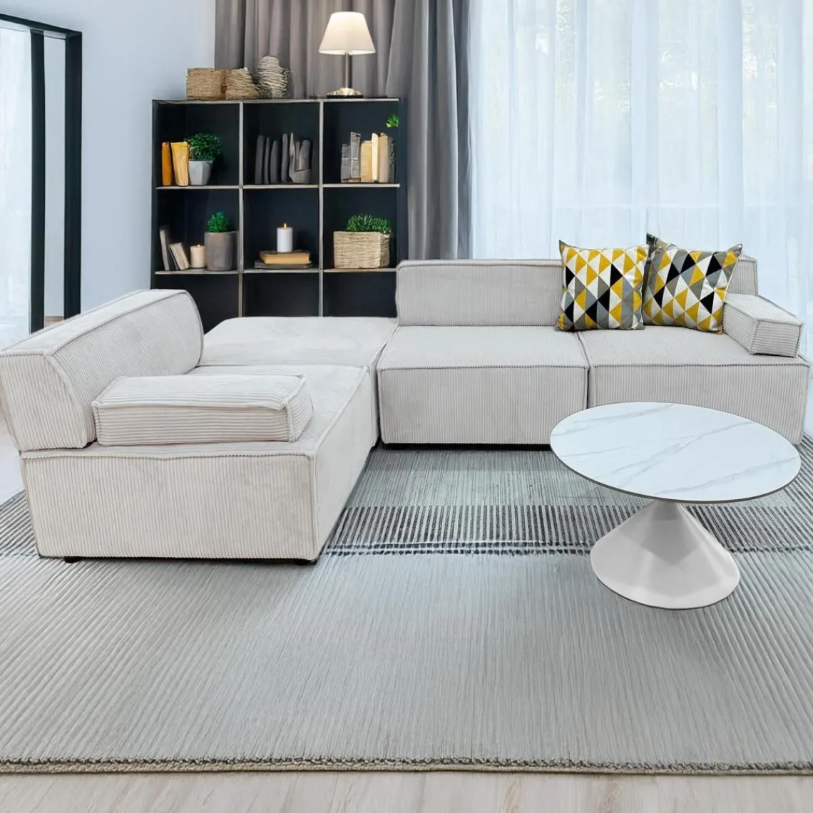 3S. x Home Canapé modulable Benoit Velours côtelé Crème New