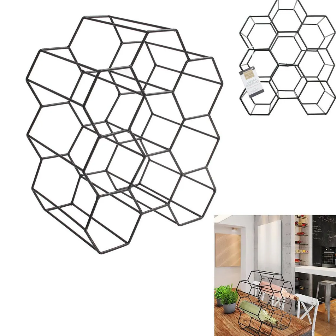 3S. x Home Casier a bouteilles filaire noir nid d'abeille DAKOTA