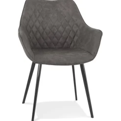 ALTEREGO Chaise avec accoudoirs 'CHIGI' gaufrée en microfibre gris foncé et pieds en métal noir New