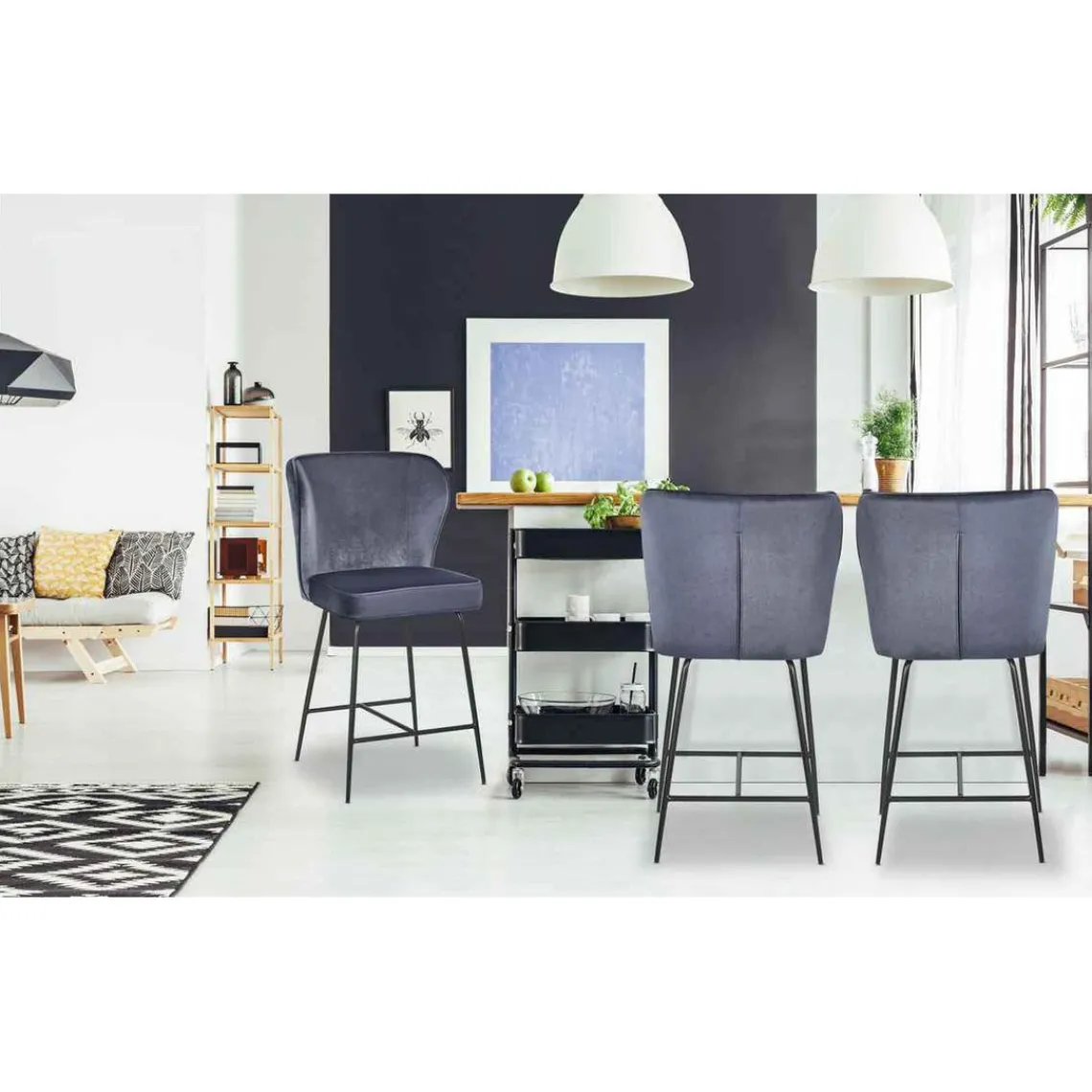 3S. x Home Chaise de bar ELSA Velours Gris New