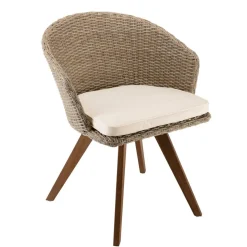 Macabane Chaise de jardin en rotin synthétique couleur naturelle avec coussin écru pieds en bois Acacia Sale