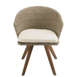 Macabane Chaise de jardin en rotin synthétique couleur naturelle avec coussin écru pieds en bois Acacia Sale