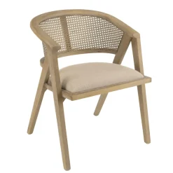 Macabane Chaise en bois assise tissu couleur lin dossier rotin naturel PIERRE Sale