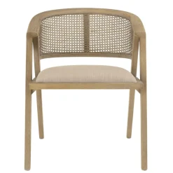 Macabane Chaise en bois assise tissu couleur lin dossier rotin naturel PIERRE Sale