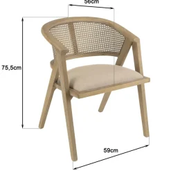 Macabane Chaise en bois assise tissu couleur lin dossier rotin naturel PIERRE Sale