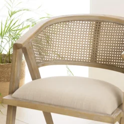 Macabane Chaise en bois assise tissu couleur lin dossier rotin naturel PIERRE Sale