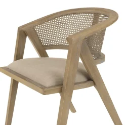Macabane Chaise en bois assise tissu couleur lin dossier rotin naturel PIERRE Sale