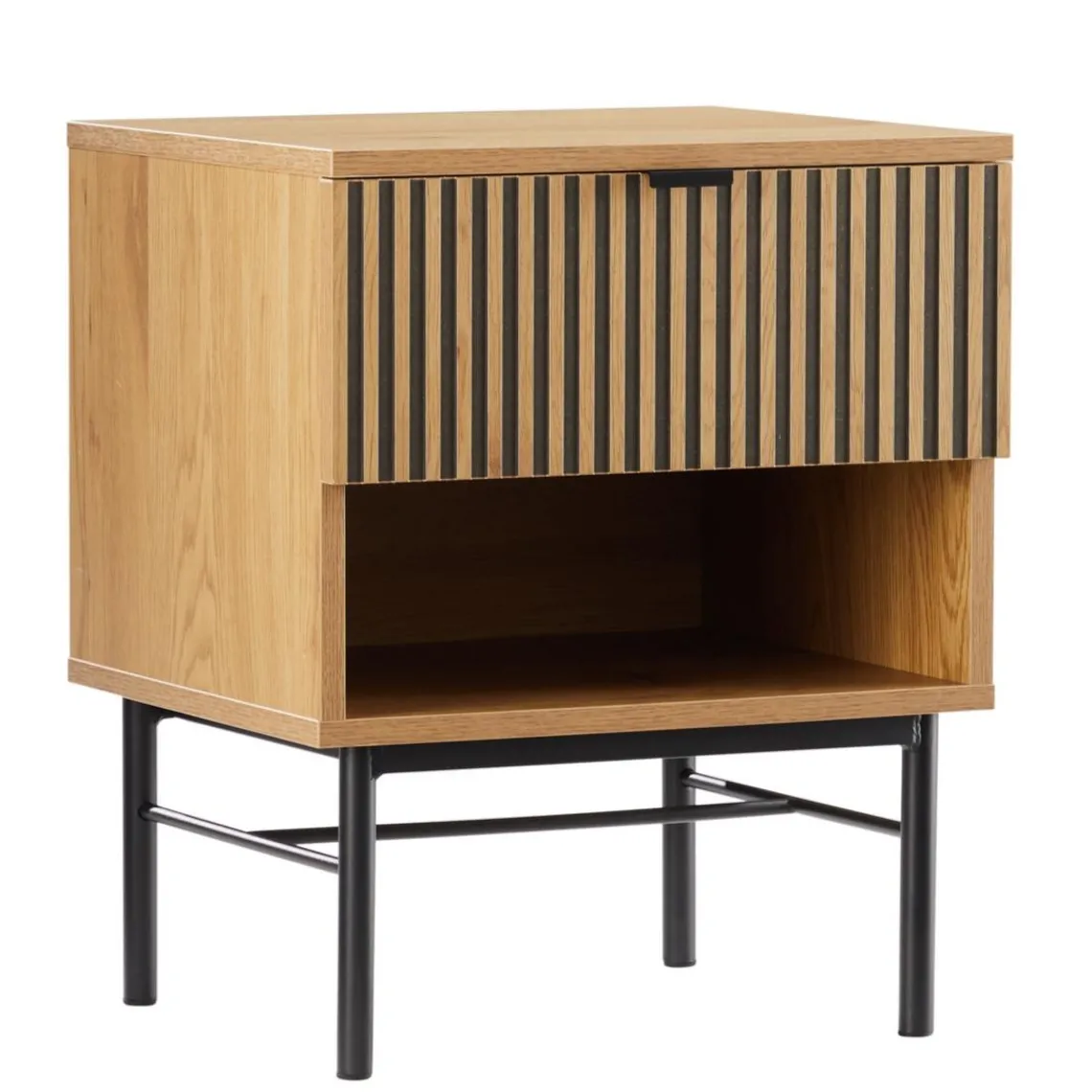 Macabane Chevet 1 tiroir décor effet bois rainuré noir et naturel SCOTT Online