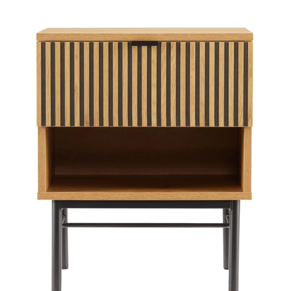 Macabane Chevet 1 tiroir décor effet bois rainuré noir et naturel SCOTT Online