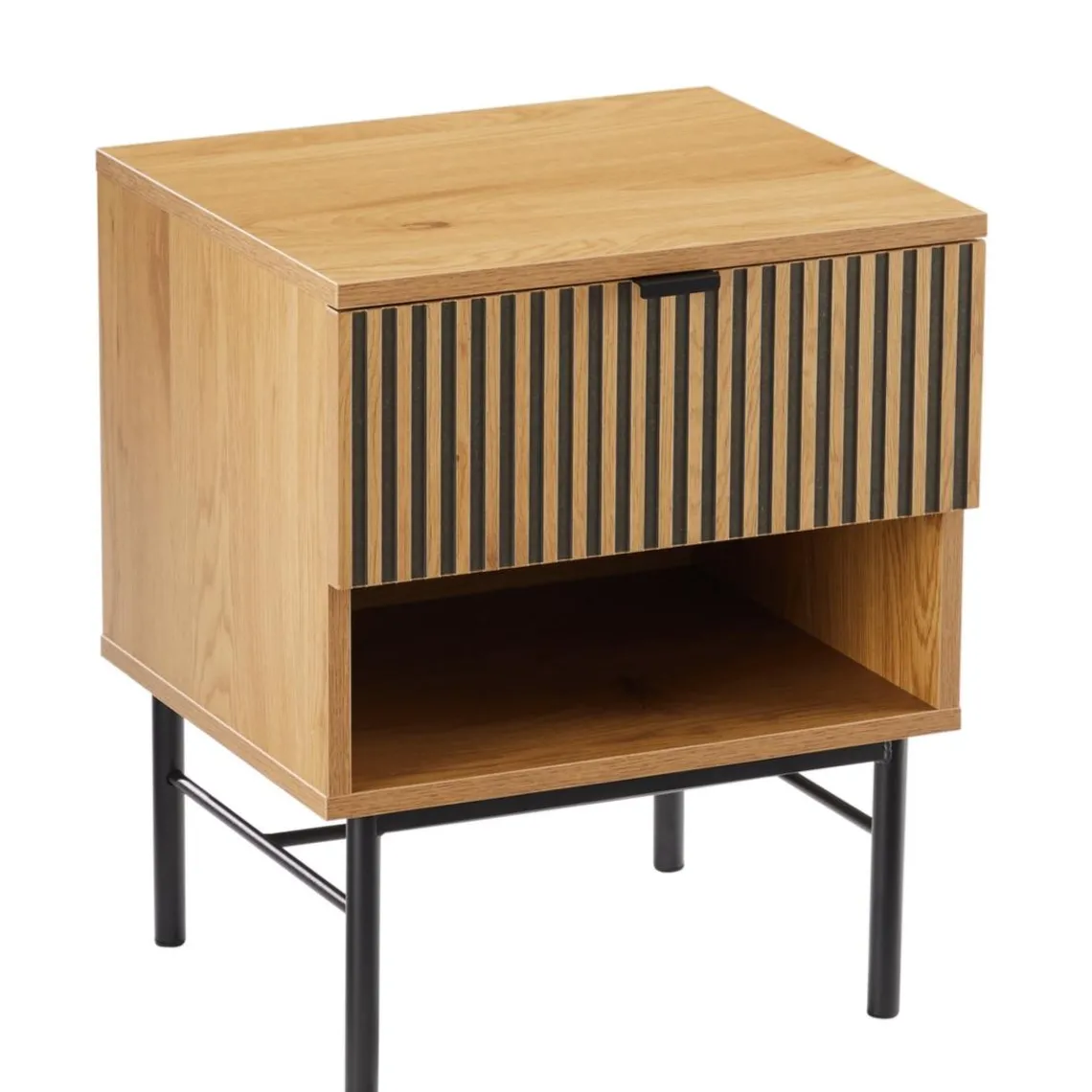 Macabane Chevet 1 tiroir décor effet bois rainuré noir et naturel SCOTT Online