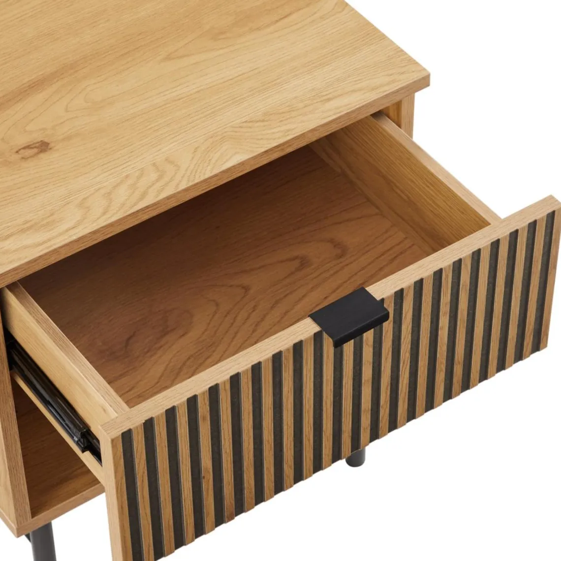 Macabane Chevet 1 tiroir décor effet bois rainuré noir et naturel SCOTT Online