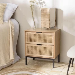 Macabane Chevet 2 tiroirs cannage naturel pieds métal noir MARCEAU Online