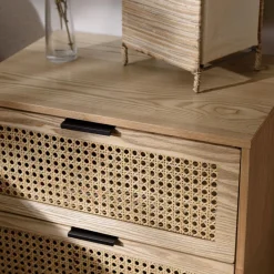 Macabane Chevet 2 tiroirs cannage naturel pieds métal noir MARCEAU Online