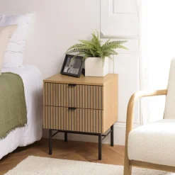 Macabane Chevet 2 tiroirs décor effet bois rainuré noir et naturel SCOTT Sale