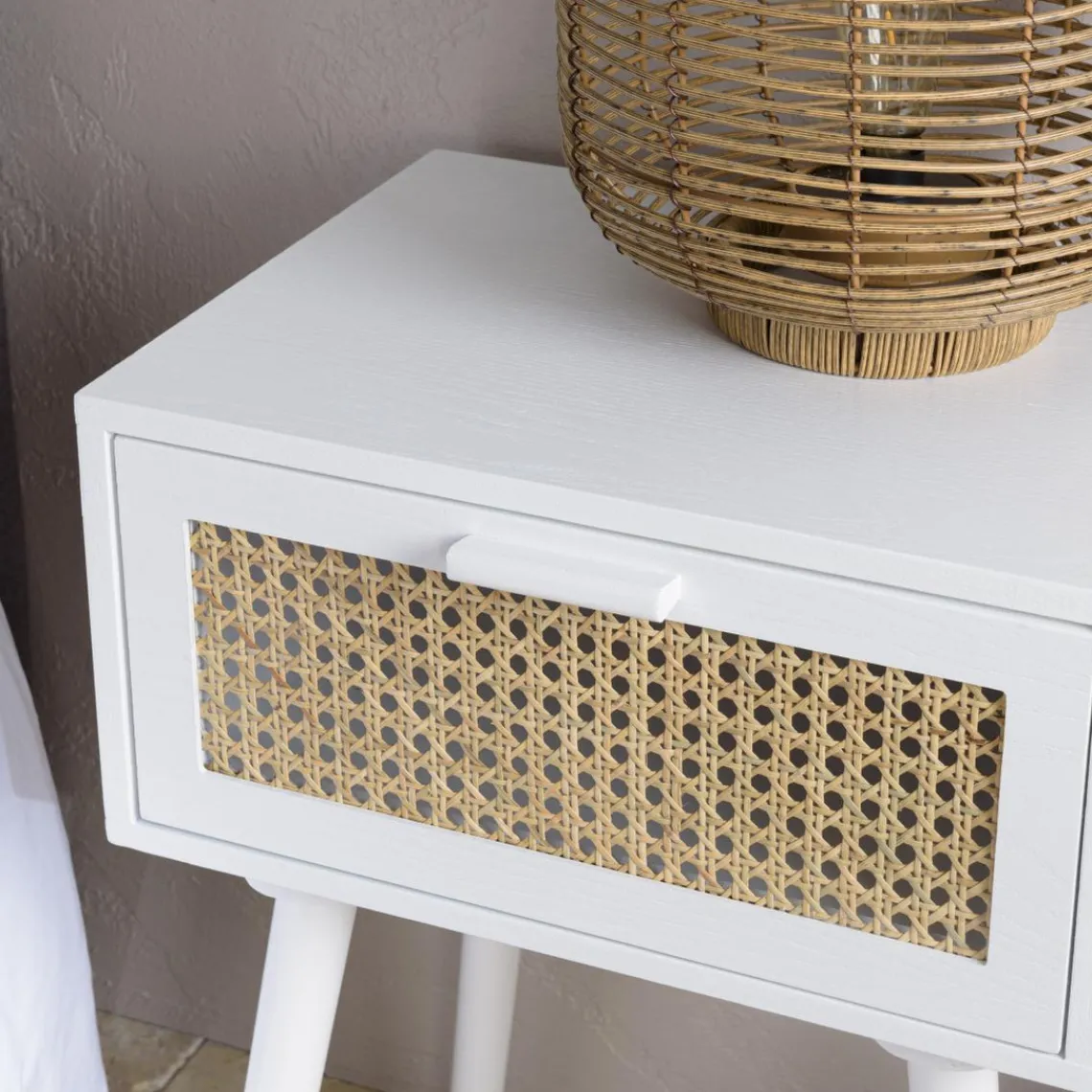 Macabane Chevet blanc 1 tiroir cannage naturel Best