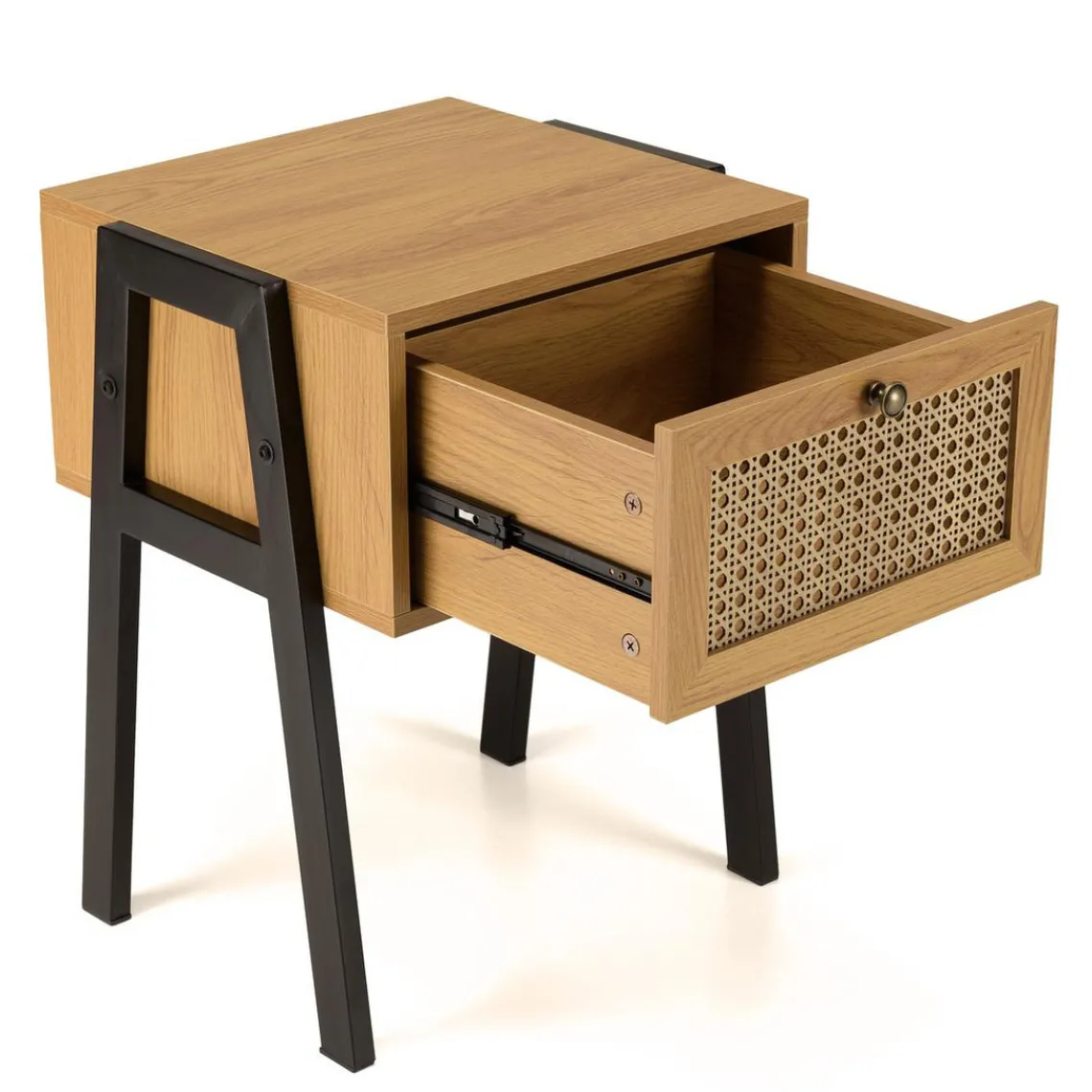 Macabane Chevet marron 1 tiroir effet cannage pieds inclinés métal CHARLIE Sale