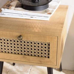 Macabane Chevet marron 1 tiroir effet cannage pieds métal noir CHARLIE Hot