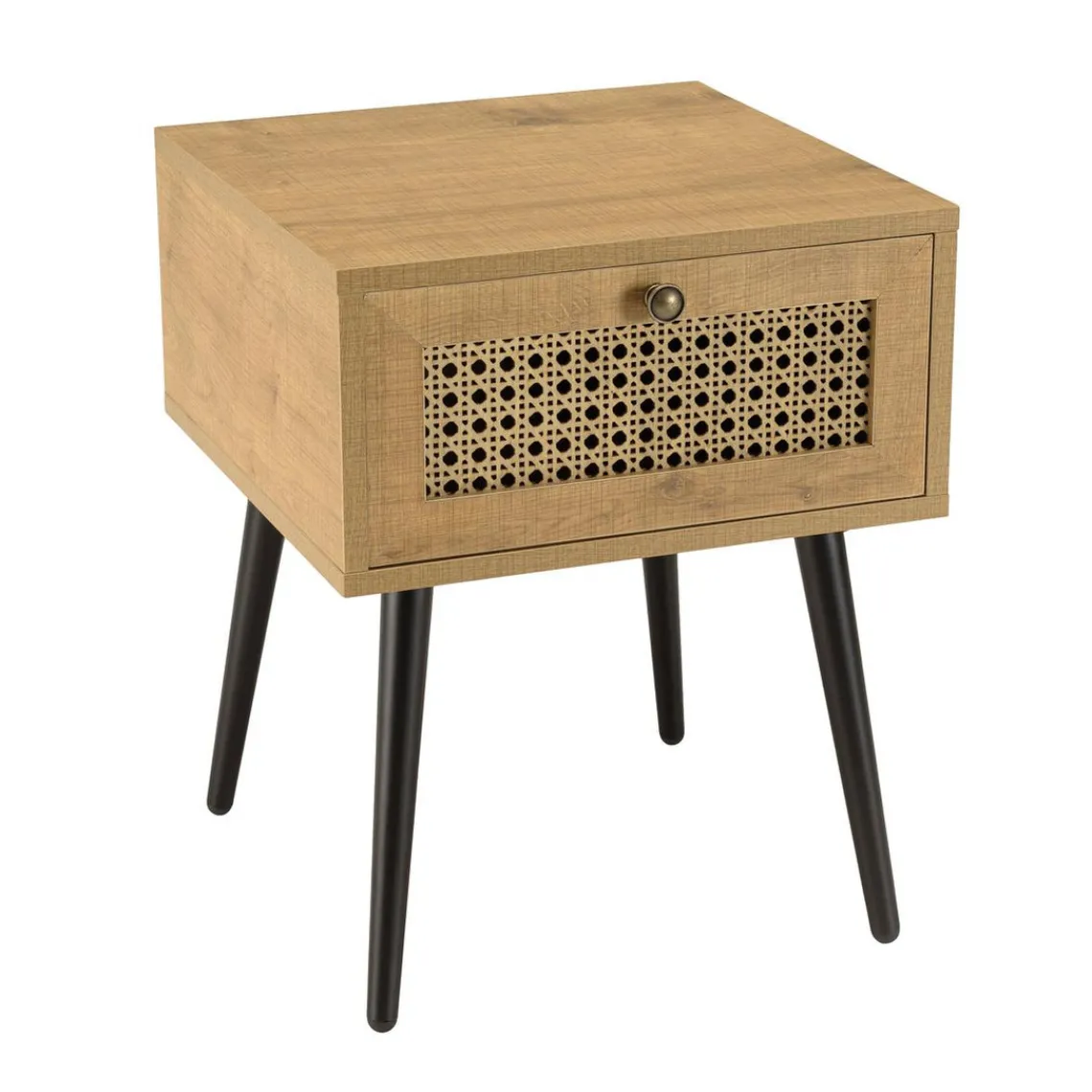 Macabane Chevet marron 1 tiroir effet cannage pieds métal noir CHARLIE Hot