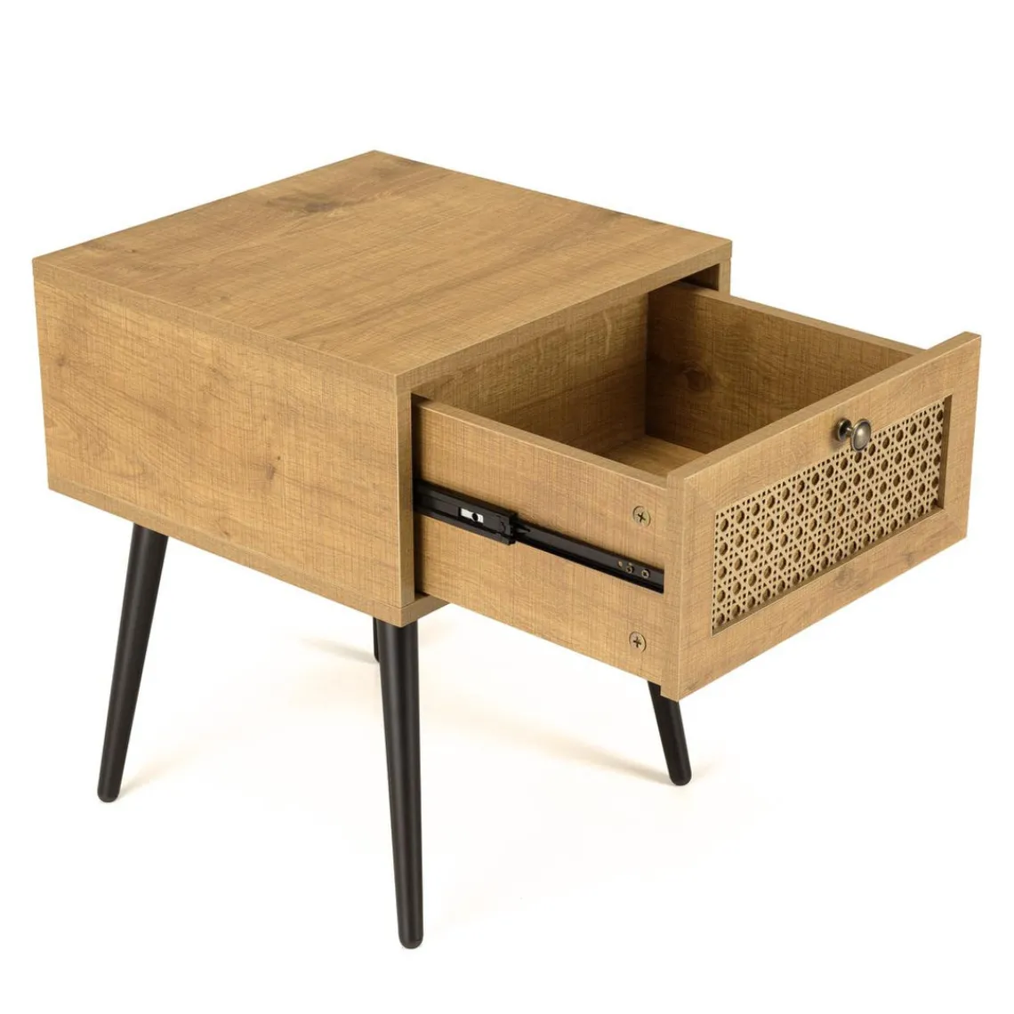 Macabane Chevet marron 1 tiroir effet cannage pieds métal noir CHARLIE Hot