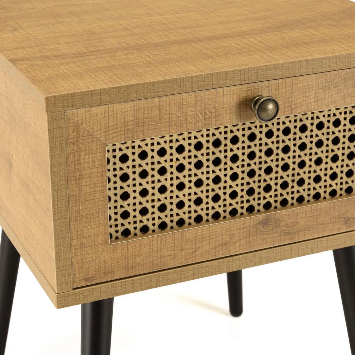 Macabane Chevet marron 1 tiroir effet cannage pieds métal noir CHARLIE Hot