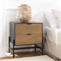 Macabane Chevet marron et noir 2 tiroirs Pin pieds métal noir Discount