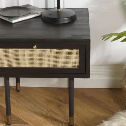Macabane Chevet Noir 1 Tiroir Cannage YANIS