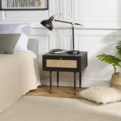 Macabane Chevet Noir 1 Tiroir Cannage YANIS