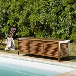Macabane Coffre de jardin piscine HANNA en bois teck huilé 200x55cm Best