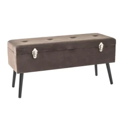 3S. x Home Coffre de rangement en MDF avec assise rembourrée et rabattable recouvert de tissu velours Taupe et pieds en bois de pin laqué noir Discount