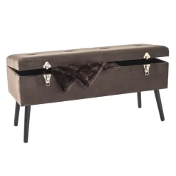 3S. x Home Coffre de rangement en MDF avec assise rembourrée et rabattable recouvert de tissu velours Taupe et pieds en bois de pin laqué noir Discount