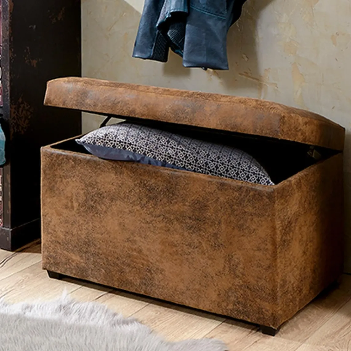 3S. x Home Coffre de rangement marron vintage en simili cuir Hot