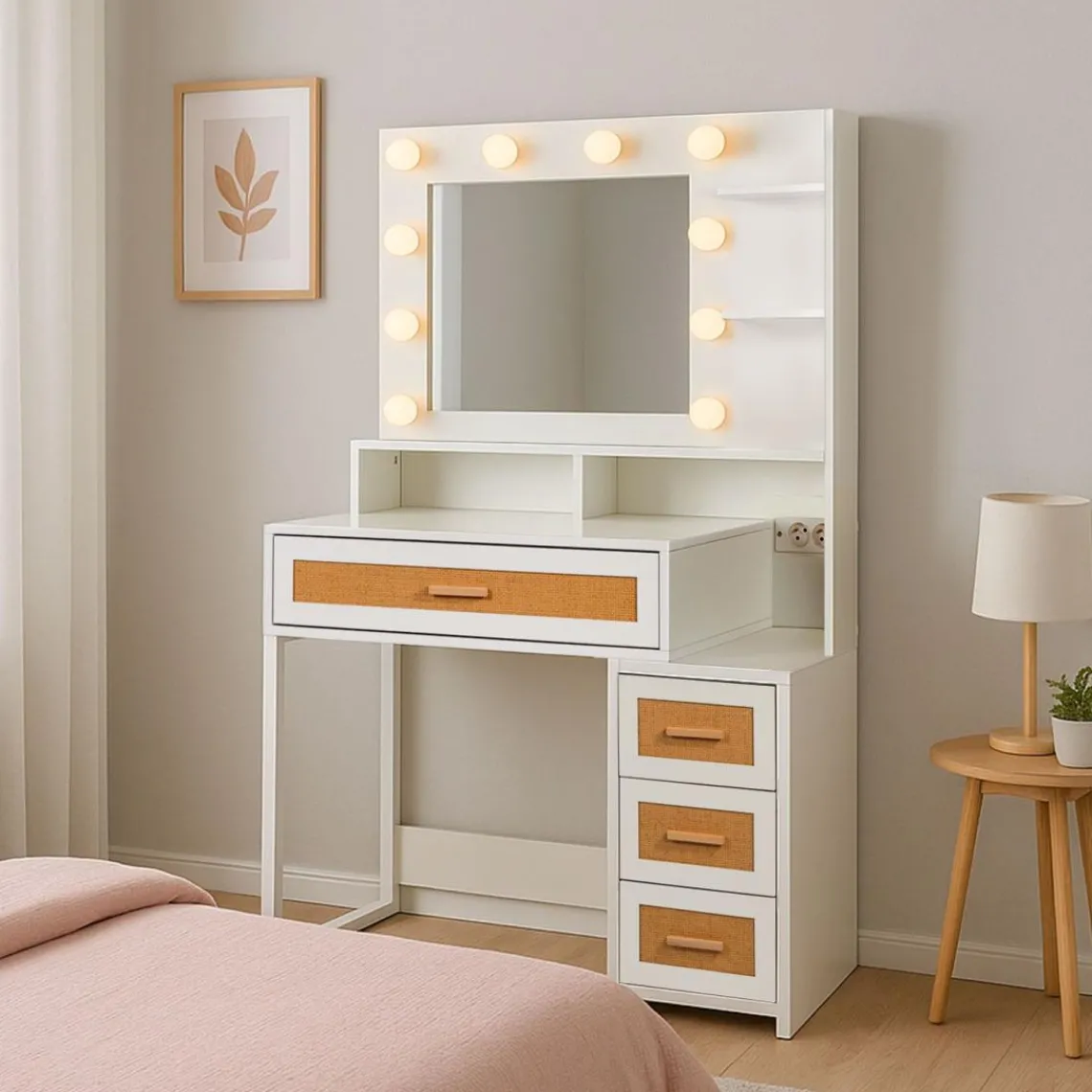 3S. x Home Coiffeuse 4 tiroirs et miroir LED 3 couleurs Miraclas Bois Blanc et Rotin Best