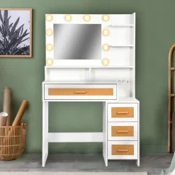 3S. x Home Coiffeuse 4 tiroirs et miroir LED 3 couleurs Miraclas Bois Blanc et Rotin Best