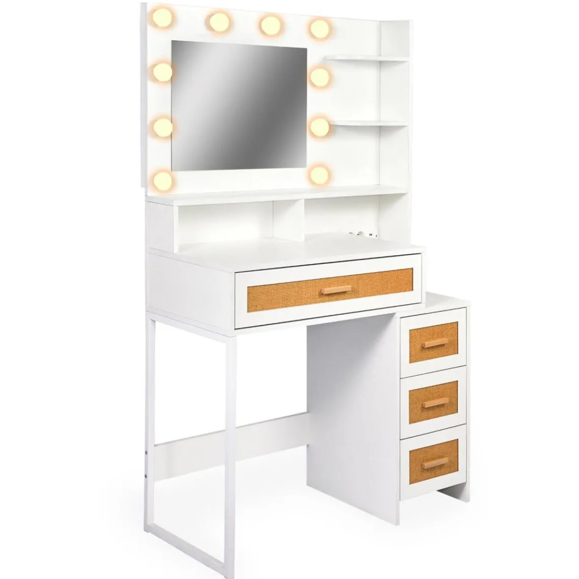 3S. x Home Coiffeuse 4 tiroirs et miroir LED 3 couleurs Miraclas Bois Blanc et Rotin Best