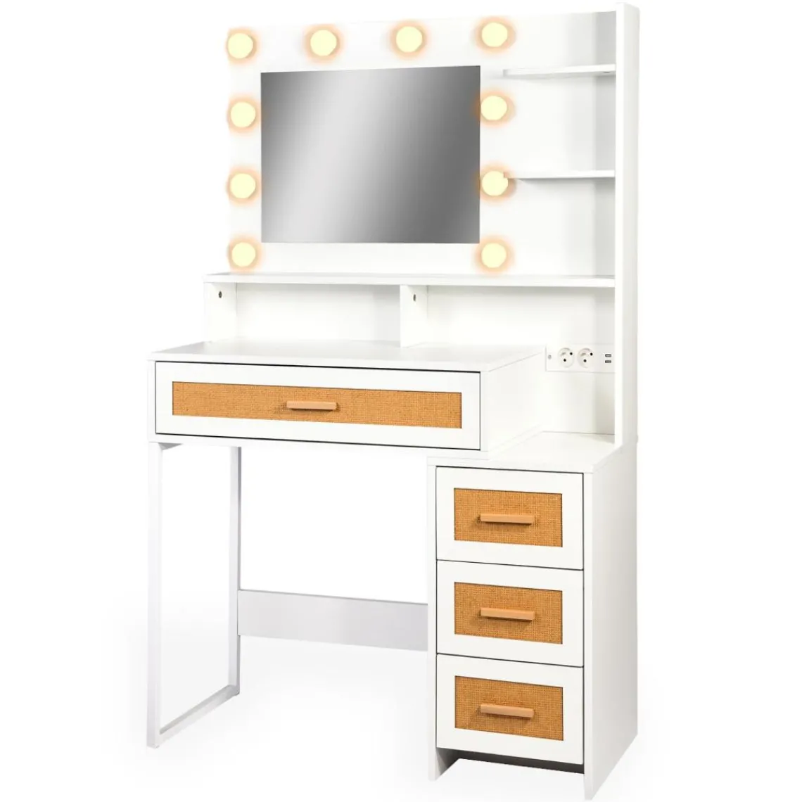 3S. x Home Coiffeuse 4 tiroirs et miroir LED 3 couleurs Miraclas Bois Blanc et Rotin Best