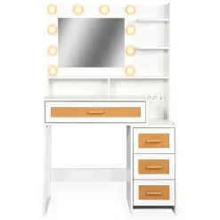 3S. x Home Coiffeuse 4 tiroirs et miroir LED 3 couleurs Miraclas Bois Blanc et Rotin Best