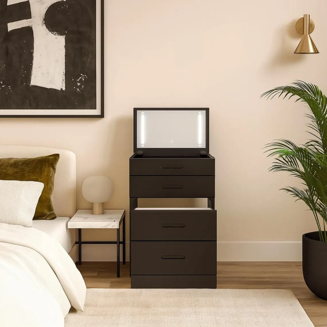 3S. x Home Coiffeuse compacte avec miroir LED, tiroir et pouf intégré Germina Noir Online